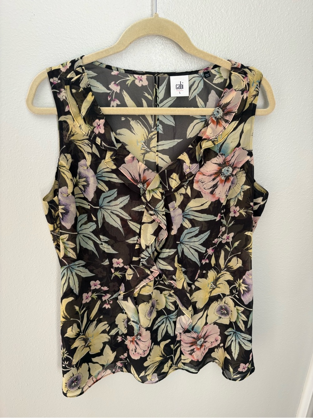 CAbi Black Floral Ruffle V-Neck Sleeveless Top